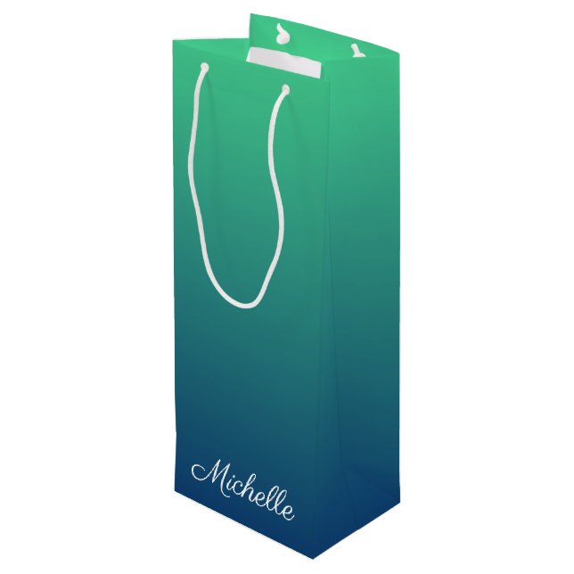 Personalised green and blue ombre wine gift bag (Back Angled)