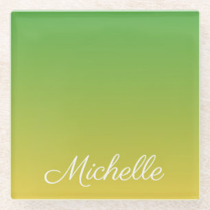 Personalised green and yellow ombre glass coaster