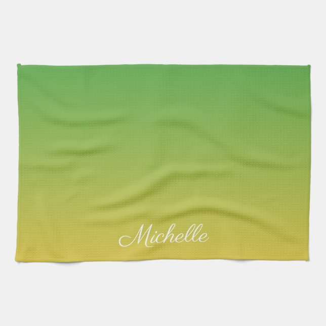 Personalised green and yellow ombre kitchen towel (Horizontal)