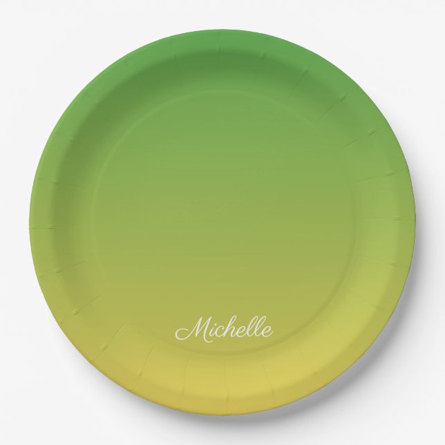 Personalised green and yellow ombre paper plates (Front)