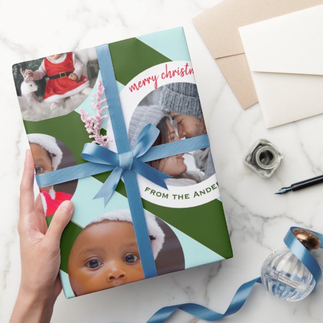 Personalised Green Stripe Fab Three Photo Xmas Wrapping Paper (Gifting)