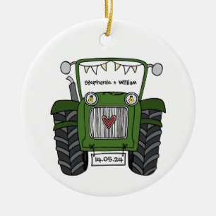 Personalised Green Tractor Country Wedding Gift Ceramic Ornament