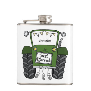 Personalised Green Tractor Country Wedding Gift Flask