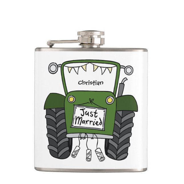Personalised Green Tractor Country Wedding Gift Flask (Front)