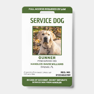 Personalised Green White Service Dog Photo ID Badg Badge