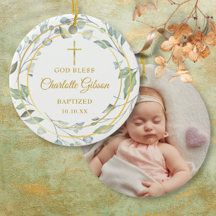 Personalised Greenery Gold Boy Girl Baptism Photo Ceramic Ornament