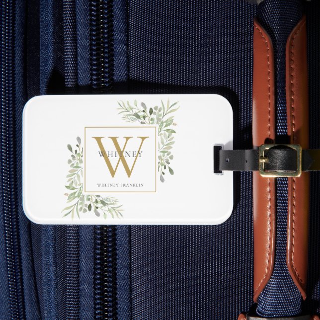 Personalised Greenery Gold Monogram Modern Luggage Tag (Front Insitu 4)