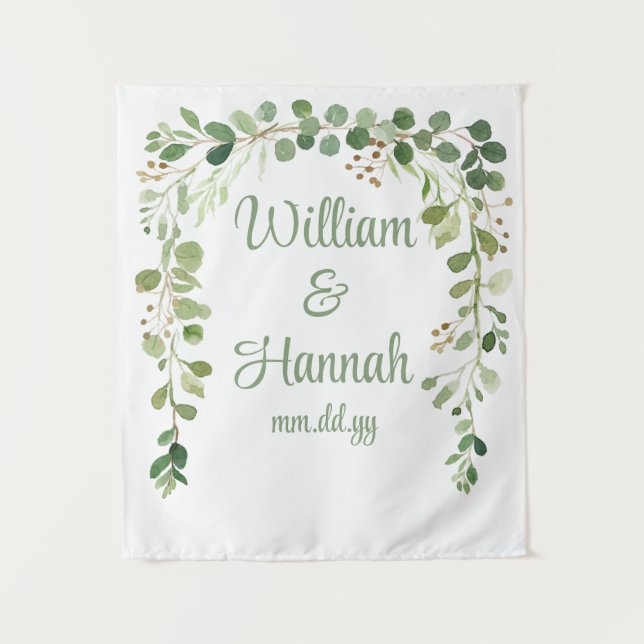 Personalised Greenery Wedding Reception Photo Prop Tapestry (Front)