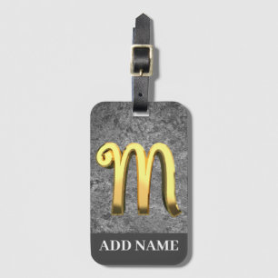 Personalised Grey & Gold Monogram Letter M Luggage Tag