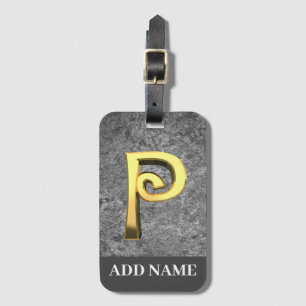 Personalised Grey & Gold Monogram Letter P Luggage Tag