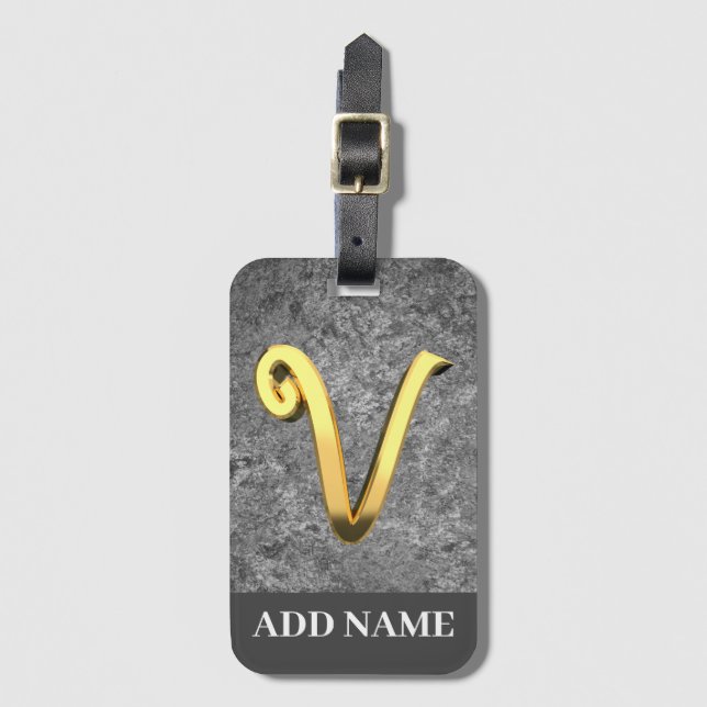 Personalised Grey & Gold Monogram Letter V Luggage Tag (Front Vertical)