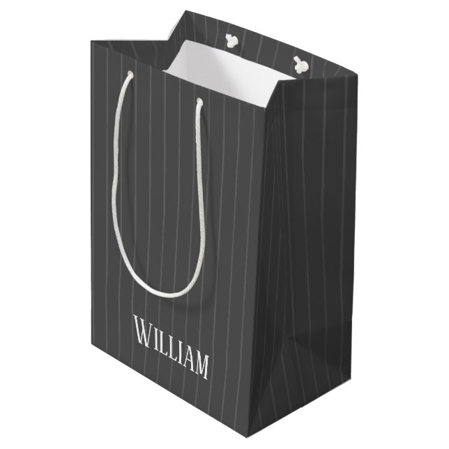 Personalised grey pinstripes medium gift bag (Back Angled)