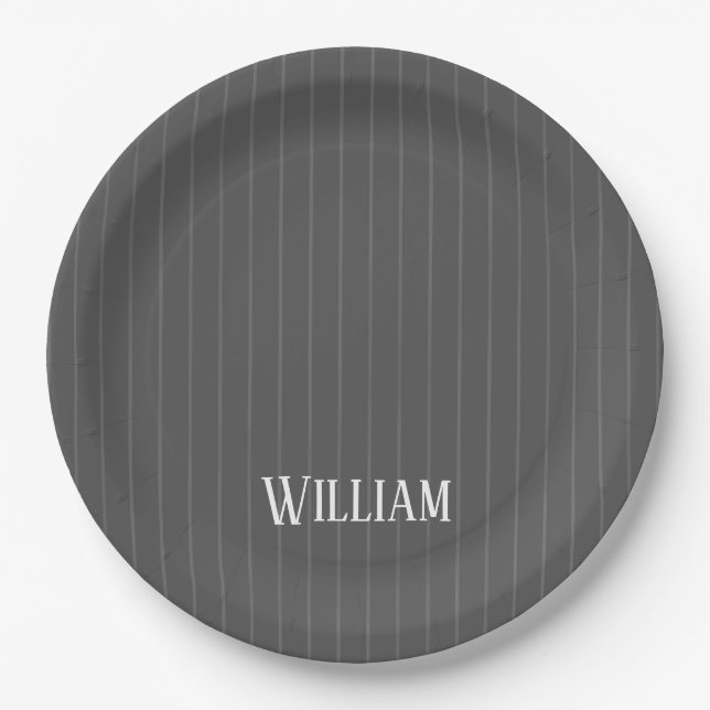 Personalised grey pinstripes paper plates (Front)