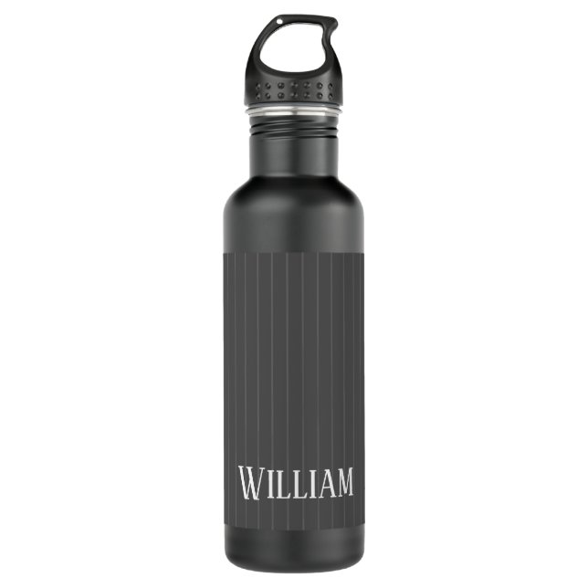 Personalised grey pinstripes stainless steel water bottle (Front)