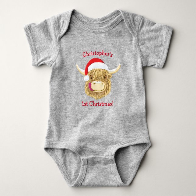 Personalised Hamish Highland Cow First Christmas Baby Bodysuit (Front)
