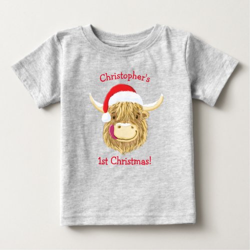 Personalised Hamish Highland Cow First Christmas Baby T_Shirt