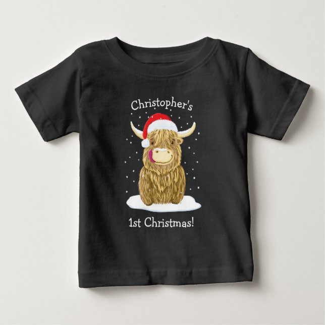 Personalised Hamish Highland Cow In The Snow Baby T-Shirt (Front)