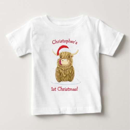 Personalised Hamish Highland Cow In The Snow Baby T_Shirt