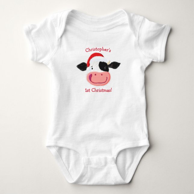 Personalised Happy Holstein Cow 1st Christmas Baby Bodysuit (Front)