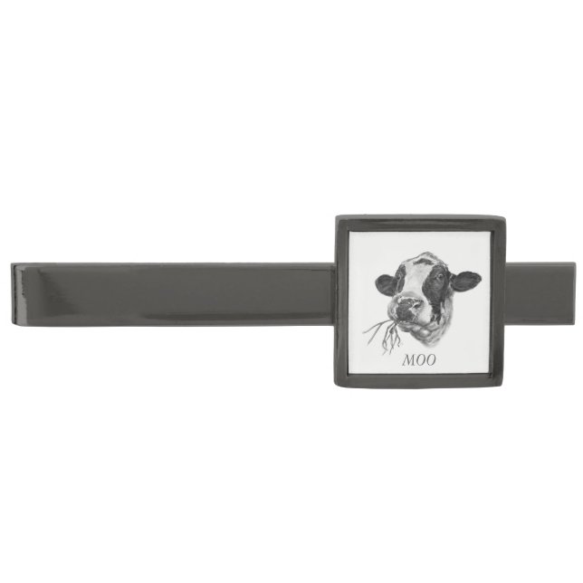 Personalised Happy Holstein Friesian dairy Cow Gunmetal Finish Tie Bar (Front)