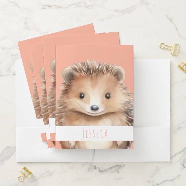 Personalised Hedgehog Peach Pocket Folder (In Situ)