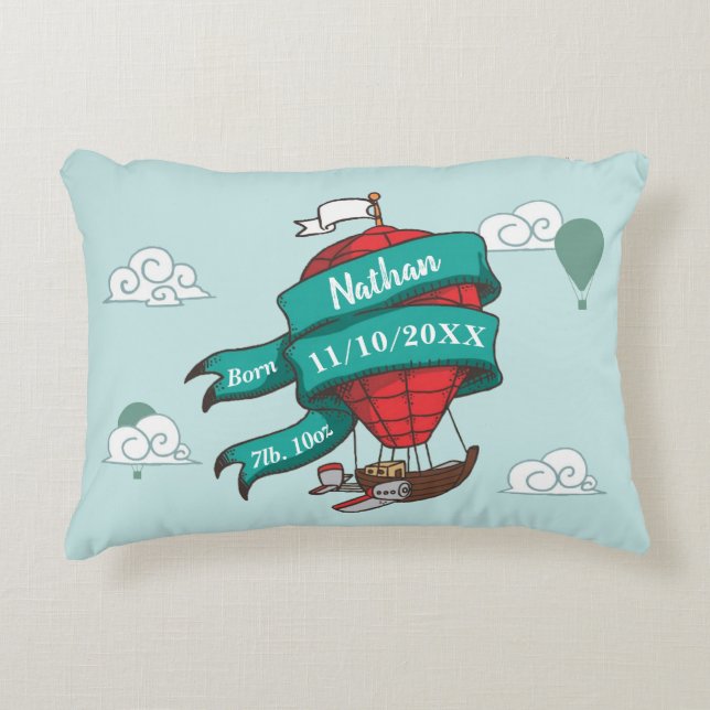 Personalised Hot Air Balloon Baby Birth Keepsake Accent Pillow (Front)