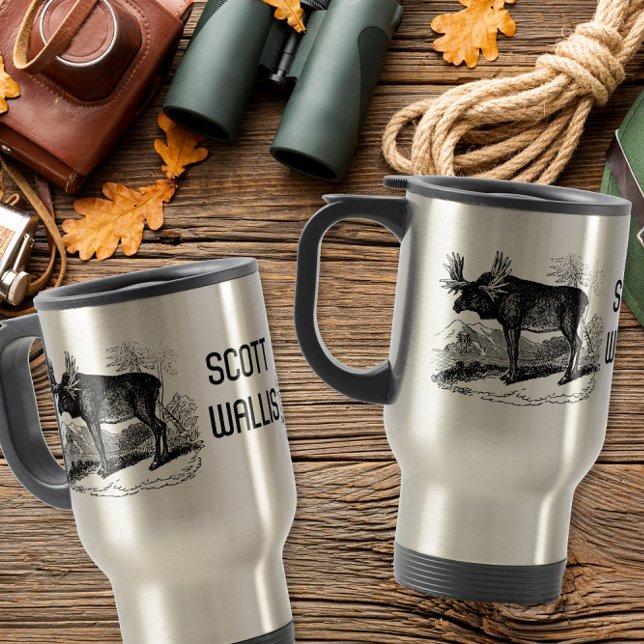 Personalised illustrated Moose hunter Christmas Travel Mug (Creator Uploaded)