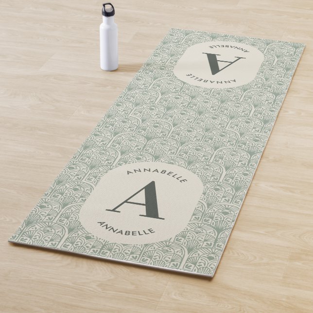 Personalised Initial Monogram Sage Green Art Deco Yoga Mat (In Situ)