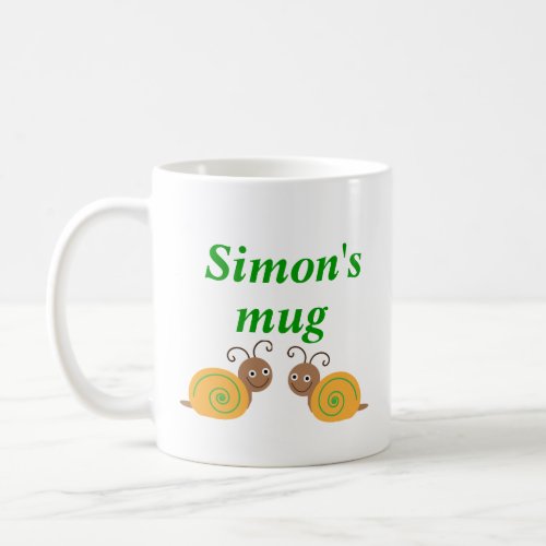 Personalised initial S and name fun snail kids mug