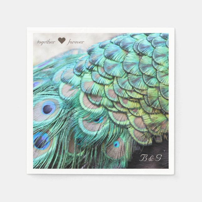 Personalised Initials Peacock Wedding Napkins (Front)