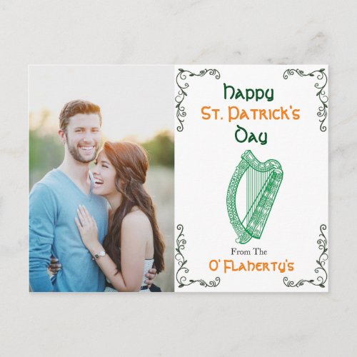 Personalised Irish Harp Postcard  St Patrick Day