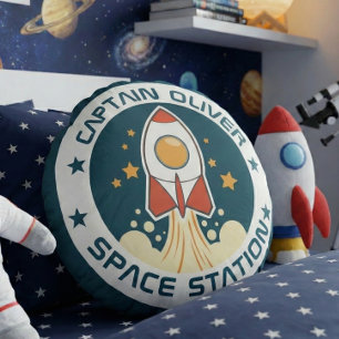 Personalised Kids Space Ship Round Pillow