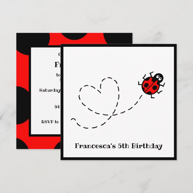 Personalised Ladybird Heart Pattern Invitation (Front/Back)