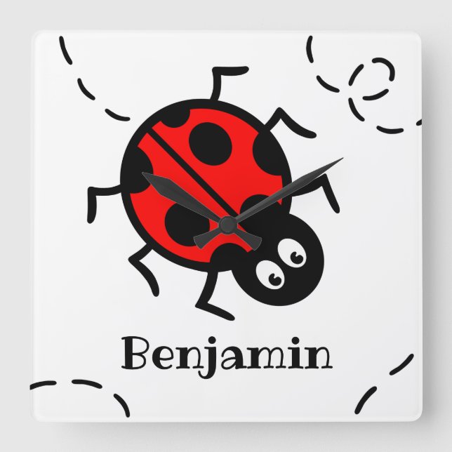 Personalised Ladybird Pattern Square Wall Clock (Front)