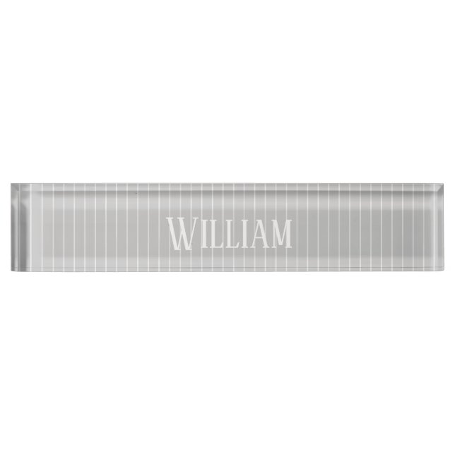 Personalised light grey pinstripes desk name plate (Front)
