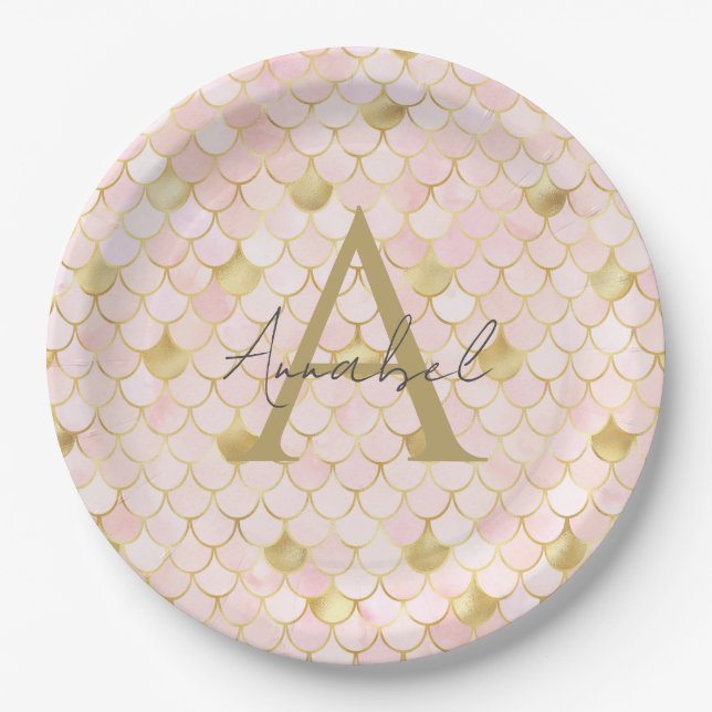 Personalised Light PInk and Gold Mermaid Scales  Paper Plates (Front)