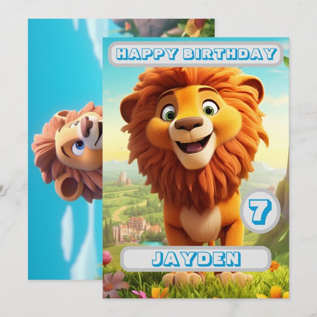 Personalised Lion Birthday Card  Kids Name Age (Front/Back)