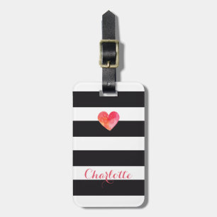 Personalised Luggage tag striped watercolor heart