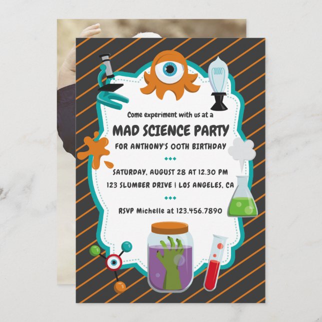 Personalised Mad Science Birthday Party Photo Invitation (Front/Back)