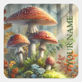 Personalised Magic Forest Amanita Mushroom Foliage Square Sticker