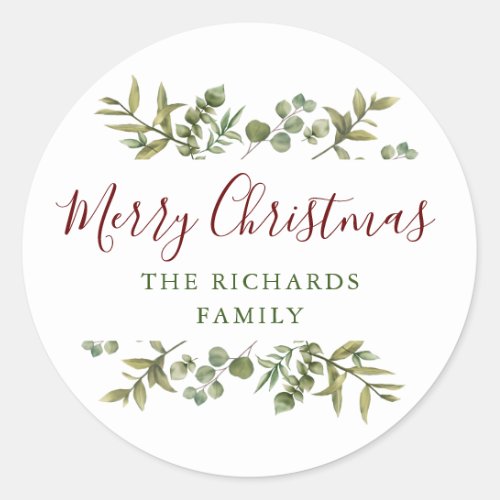 Personalised Merry Christmas Greenery Family  Classic Round Sticker