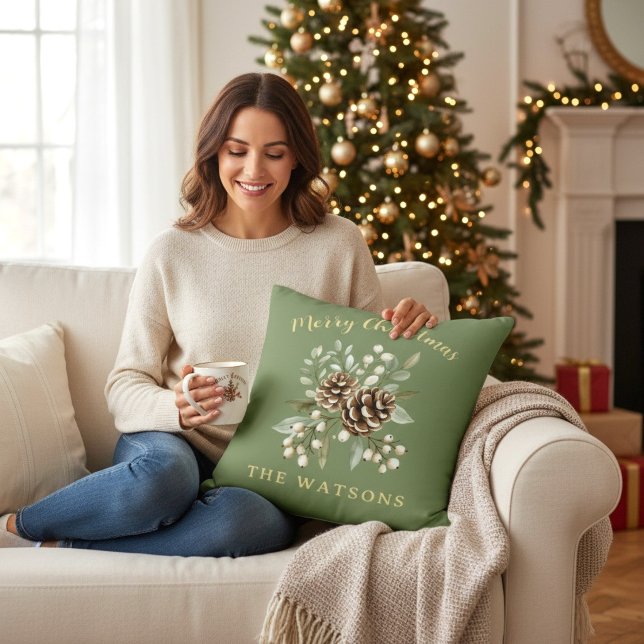 Personalised Merry Christmas Sage Green Botanical  Throw Pillow (Creator Uploaded)