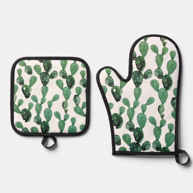 Personalised Modern Cactus Pattern Oven Mitt & Pot Holder Set (Front)