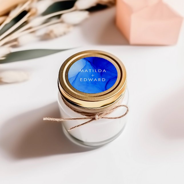 Personalised Modern Ink Abstract Blue Wedding  Classic Round Sticker (Creator Uploaded)