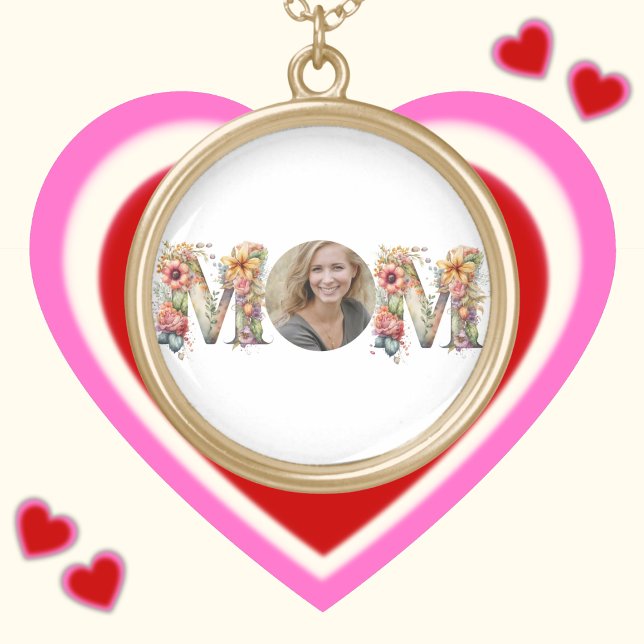 Personalised MOM Mothers Day flower Photo  Gold Plated Necklace (Personalised MOM Mothers Day flower Photo Gold Plated Necklace)