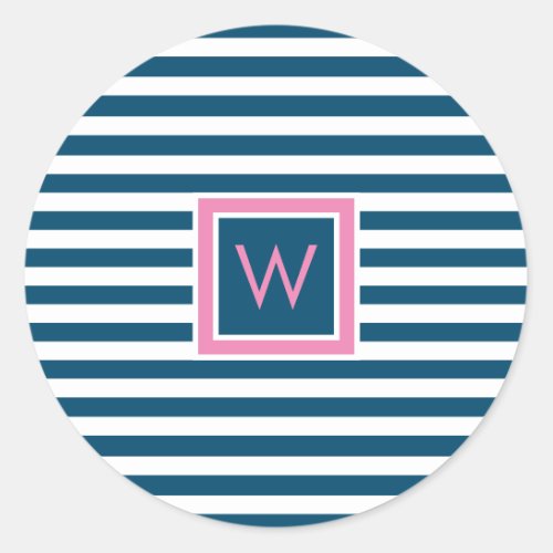 Personalised Monogram Slate Blue and White Striped Classic Round Sticker