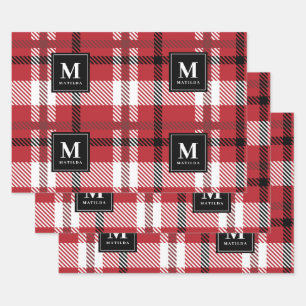 Personalised monogram tartan christmas wrapping paper sheets