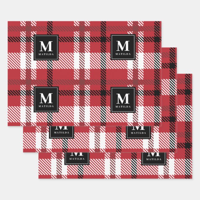 Personalised monogram tartan christmas wrapping paper sheets (Set)
