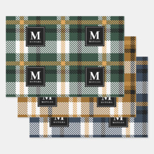 Personalised monogram tartan christmas wrapping paper sheets