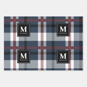 Personalised monogram tartan christmas wrapping paper sheets